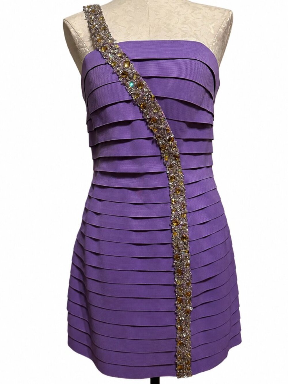 SHERRI HILL Purple One Shoulder Rhinestone Beaded Bandage Cocktail Dress Size 12